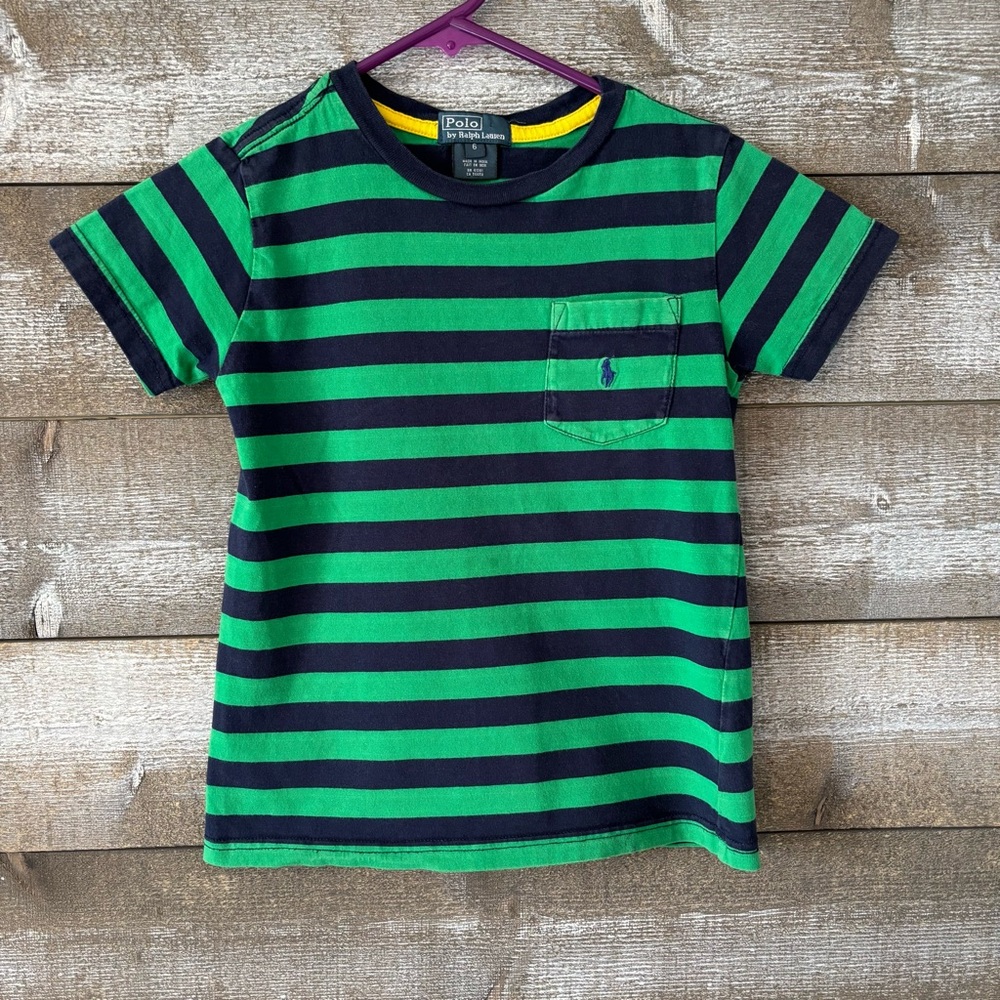 Ralph Lauren Green & Navy Striped Pocket Tee - Kids